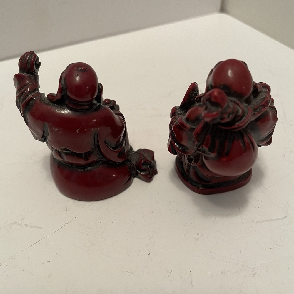 Vintage Style Mini Red Resin Laughing Buddha Figurines - Set of 2 (2") - Picture 2 of 6